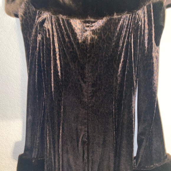 Vintage Joseph Ribkoff Brown Velvet Leopard Print Faux Fur Trim Midi Dress 8 - Picture 8 of 10